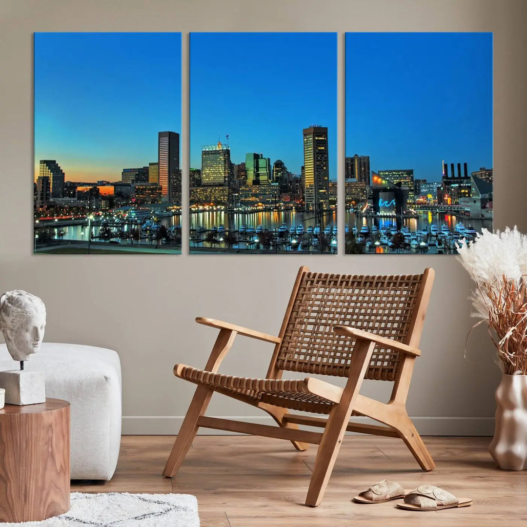 The "Baltimore City Lights Night Blue Skyline" wall art canvas print, gallery-wrapped and of museum quality, is prominently displayed.