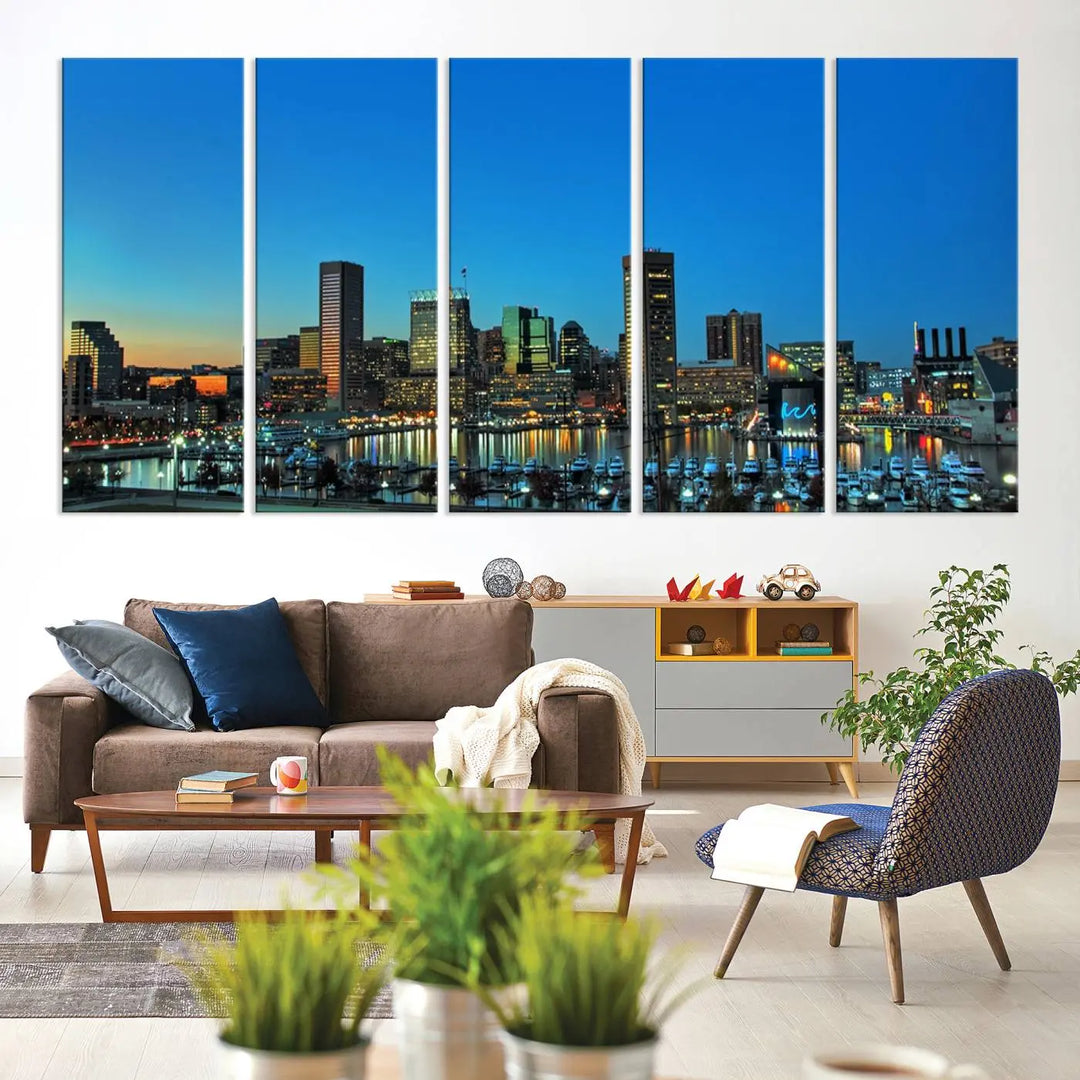 The "Baltimore City Lights Night Blue Skyline" wall art canvas print, gallery-wrapped and of museum quality, is prominently displayed.