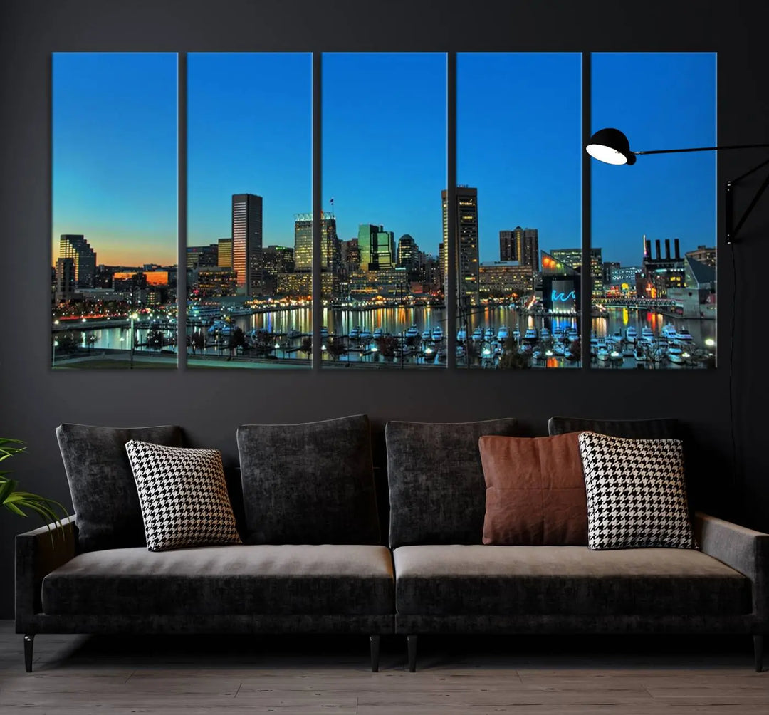 The "Baltimore City Lights Night Blue Skyline" wall art canvas print, gallery-wrapped and of museum quality, is prominently displayed.