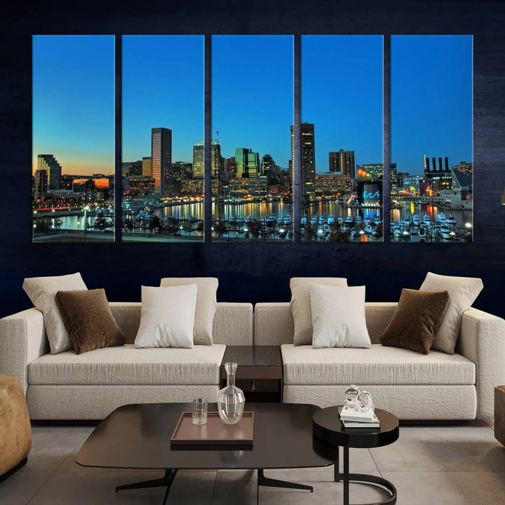 The "Baltimore City Lights Night Blue Skyline" wall art canvas print, gallery-wrapped and of museum quality, is prominently displayed.