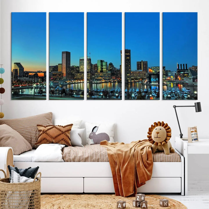 The "Baltimore City Lights Night Blue Skyline" wall art canvas print, gallery-wrapped and of museum quality, is prominently displayed.