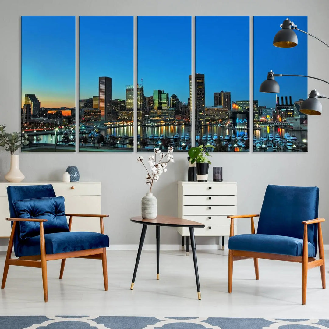 The "Baltimore City Lights Night Blue Skyline" wall art canvas print, gallery-wrapped and of museum quality, is prominently displayed.