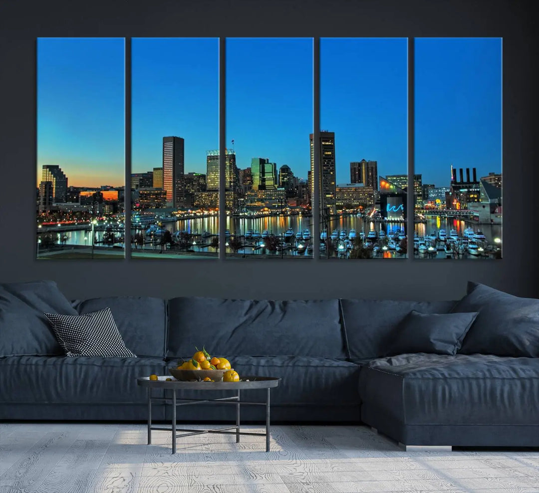 The "Baltimore City Lights Night Blue Skyline" wall art canvas print, gallery-wrapped and of museum quality, is prominently displayed.