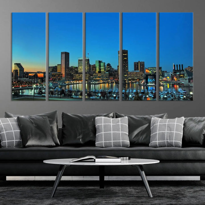 The "Baltimore City Lights Night Blue Skyline" wall art canvas print, gallery-wrapped and of museum quality, is prominently displayed.