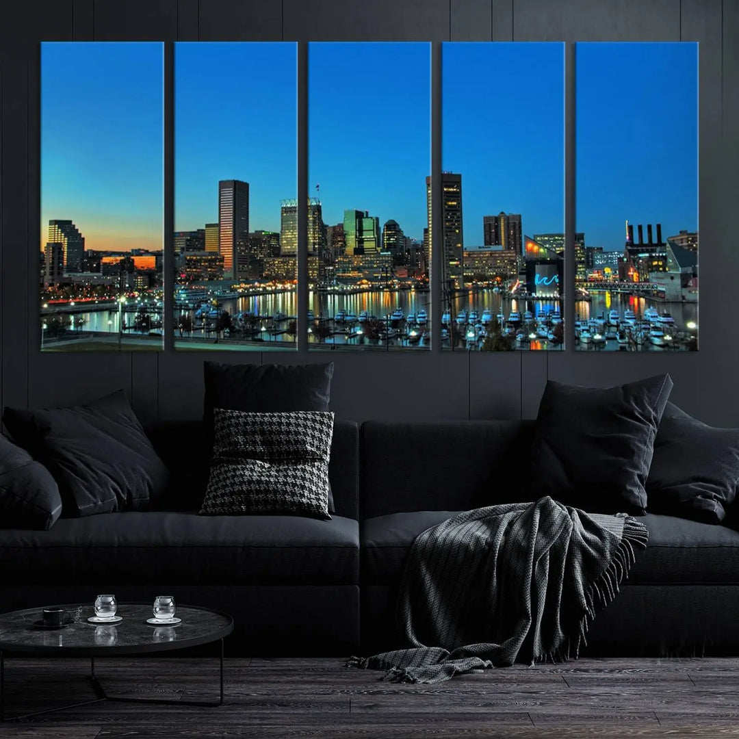 The "Baltimore City Lights Night Blue Skyline" wall art canvas print, gallery-wrapped and of museum quality, is prominently displayed.