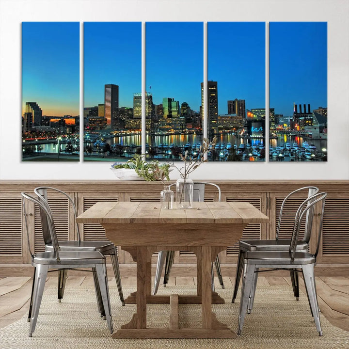 The "Baltimore City Lights Night Blue Skyline" wall art canvas print, gallery-wrapped and of museum quality, is prominently displayed.