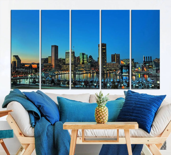 The "Baltimore City Lights Night Blue Skyline" wall art canvas print, gallery-wrapped and of museum quality, is prominently displayed.