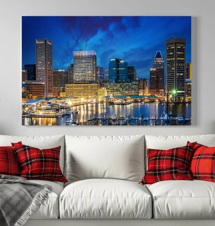 The living room features a nautical-themed triptych wall art on museum-quality canvas, showcasing the "Baltimore City Lights Night Cloudy Blue Skyline Cityscape View Wall Art Canvas Print.