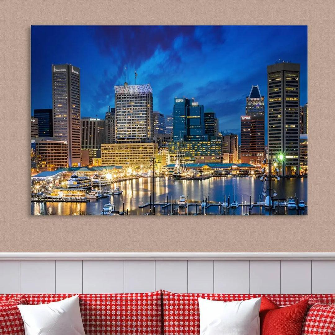 The living room features a nautical-themed triptych wall art on museum-quality canvas, showcasing the "Baltimore City Lights Night Cloudy Blue Skyline Cityscape View Wall Art Canvas Print.