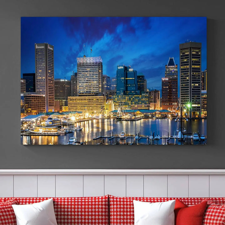 The living room features a nautical-themed triptych wall art on museum-quality canvas, showcasing the "Baltimore City Lights Night Cloudy Blue Skyline Cityscape View Wall Art Canvas Print.