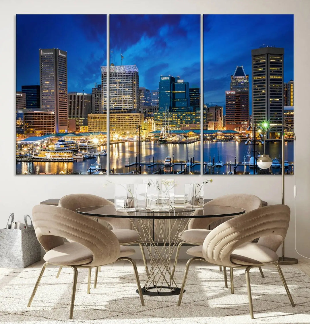 The living room features a nautical-themed triptych wall art on museum-quality canvas, showcasing the "Baltimore City Lights Night Cloudy Blue Skyline Cityscape View Wall Art Canvas Print.