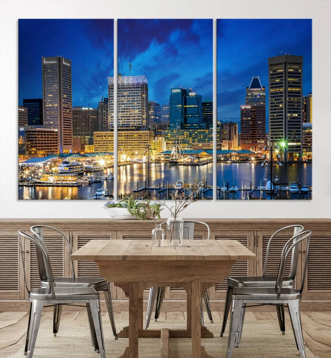 The living room features a nautical-themed triptych wall art on museum-quality canvas, showcasing the "Baltimore City Lights Night Cloudy Blue Skyline Cityscape View Wall Art Canvas Print.