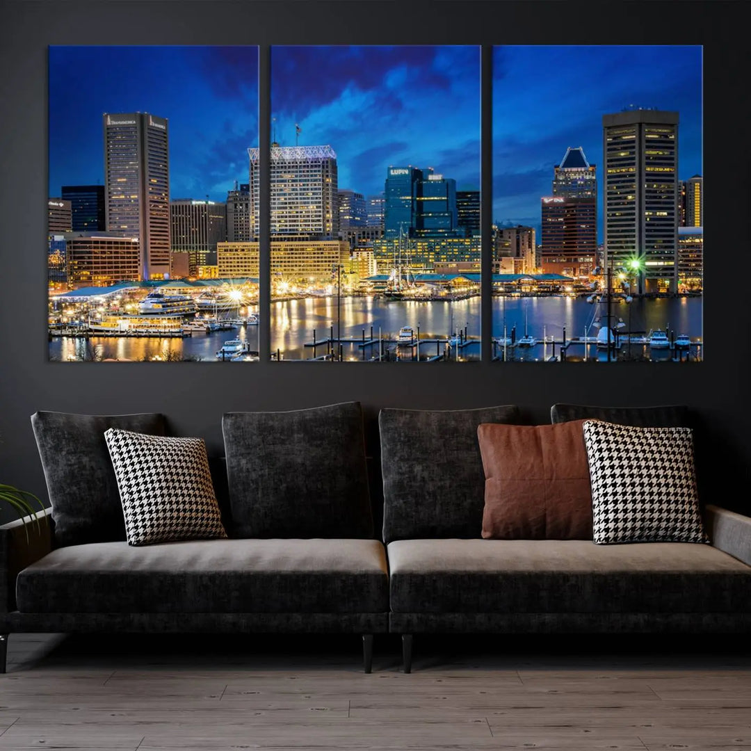 The living room features a nautical-themed triptych wall art on museum-quality canvas, showcasing the "Baltimore City Lights Night Cloudy Blue Skyline Cityscape View Wall Art Canvas Print.