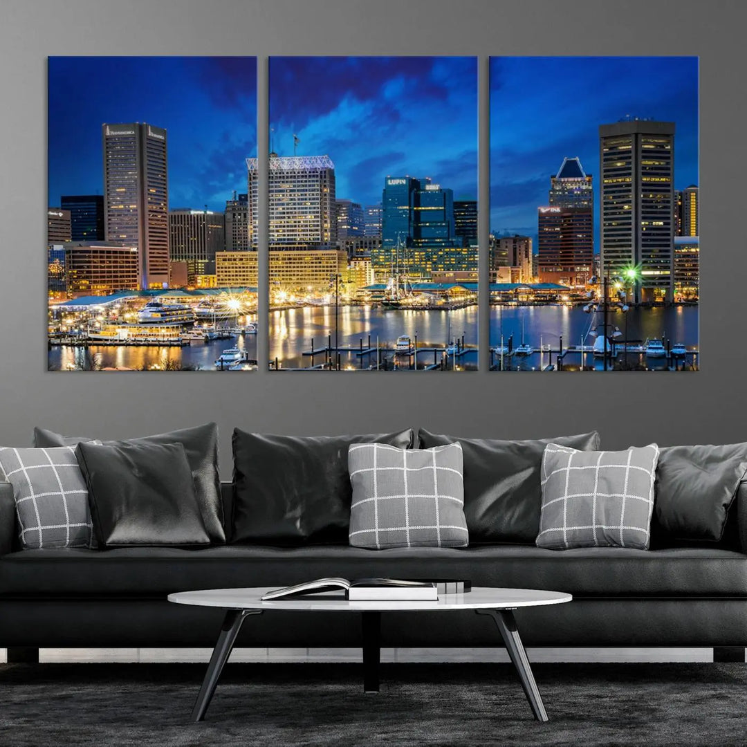 The living room features a nautical-themed triptych wall art on museum-quality canvas, showcasing the "Baltimore City Lights Night Cloudy Blue Skyline Cityscape View Wall Art Canvas Print.