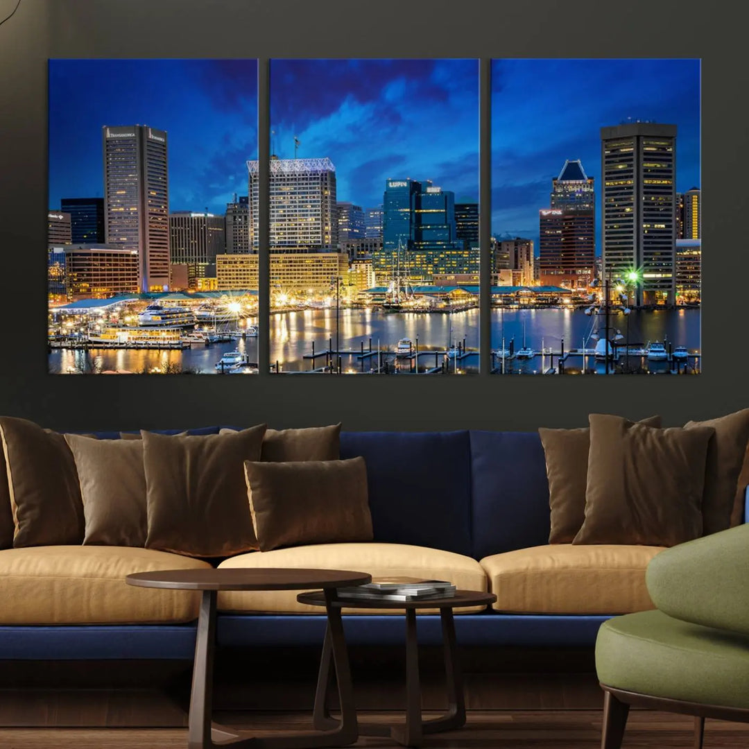 The living room features a nautical-themed triptych wall art on museum-quality canvas, showcasing the "Baltimore City Lights Night Cloudy Blue Skyline Cityscape View Wall Art Canvas Print.