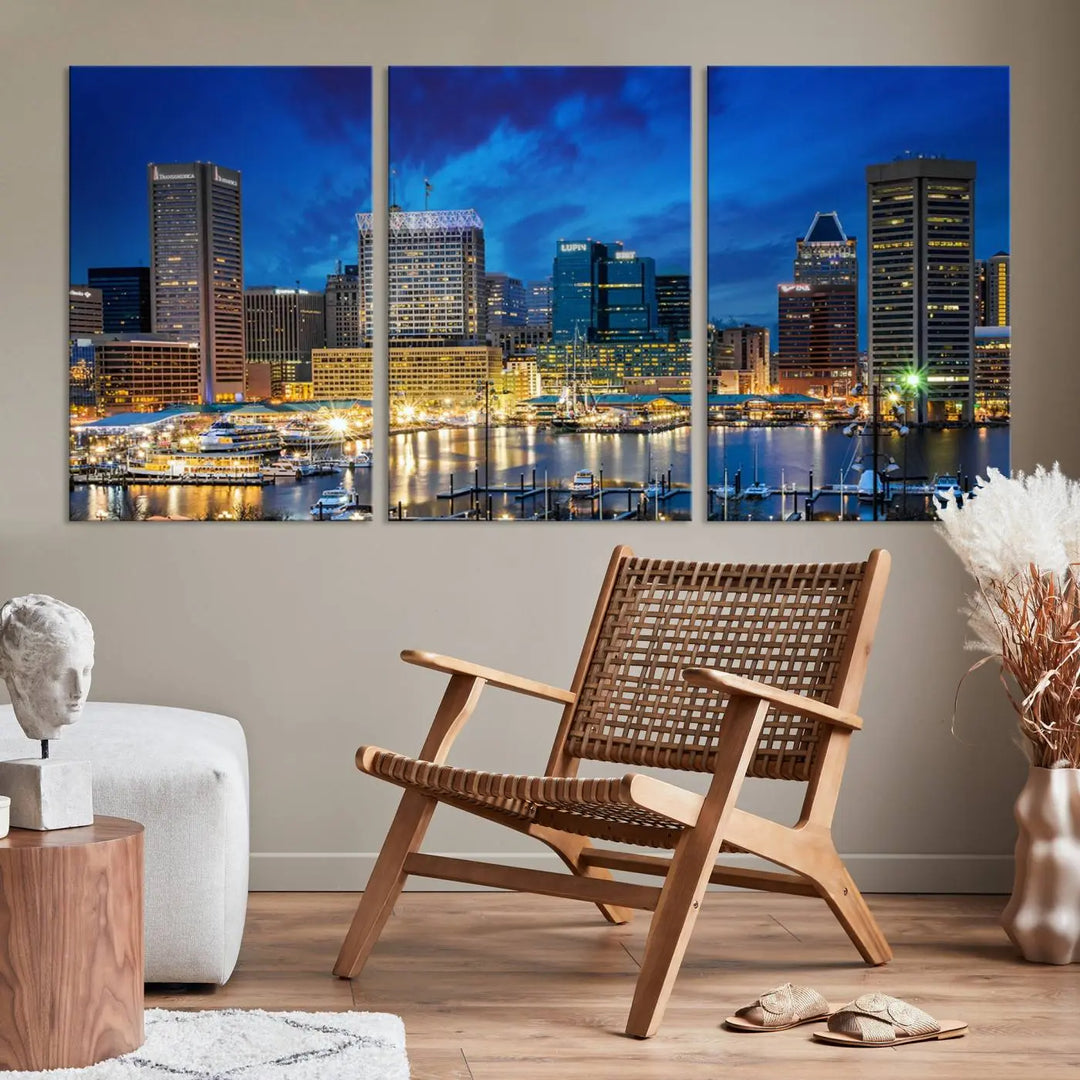 The living room features a nautical-themed triptych wall art on museum-quality canvas, showcasing the "Baltimore City Lights Night Cloudy Blue Skyline Cityscape View Wall Art Canvas Print.