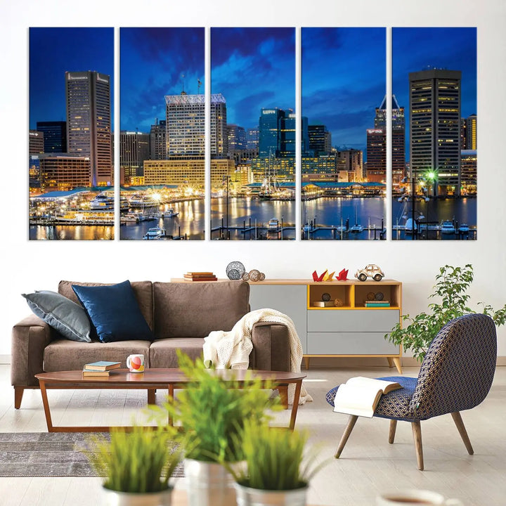 The living room features a nautical-themed triptych wall art on museum-quality canvas, showcasing the "Baltimore City Lights Night Cloudy Blue Skyline Cityscape View Wall Art Canvas Print.