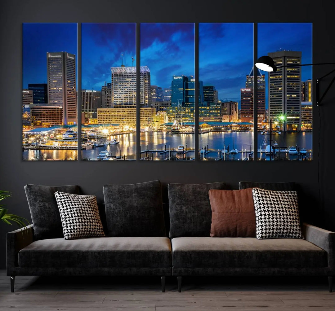 The living room features a nautical-themed triptych wall art on museum-quality canvas, showcasing the "Baltimore City Lights Night Cloudy Blue Skyline Cityscape View Wall Art Canvas Print.