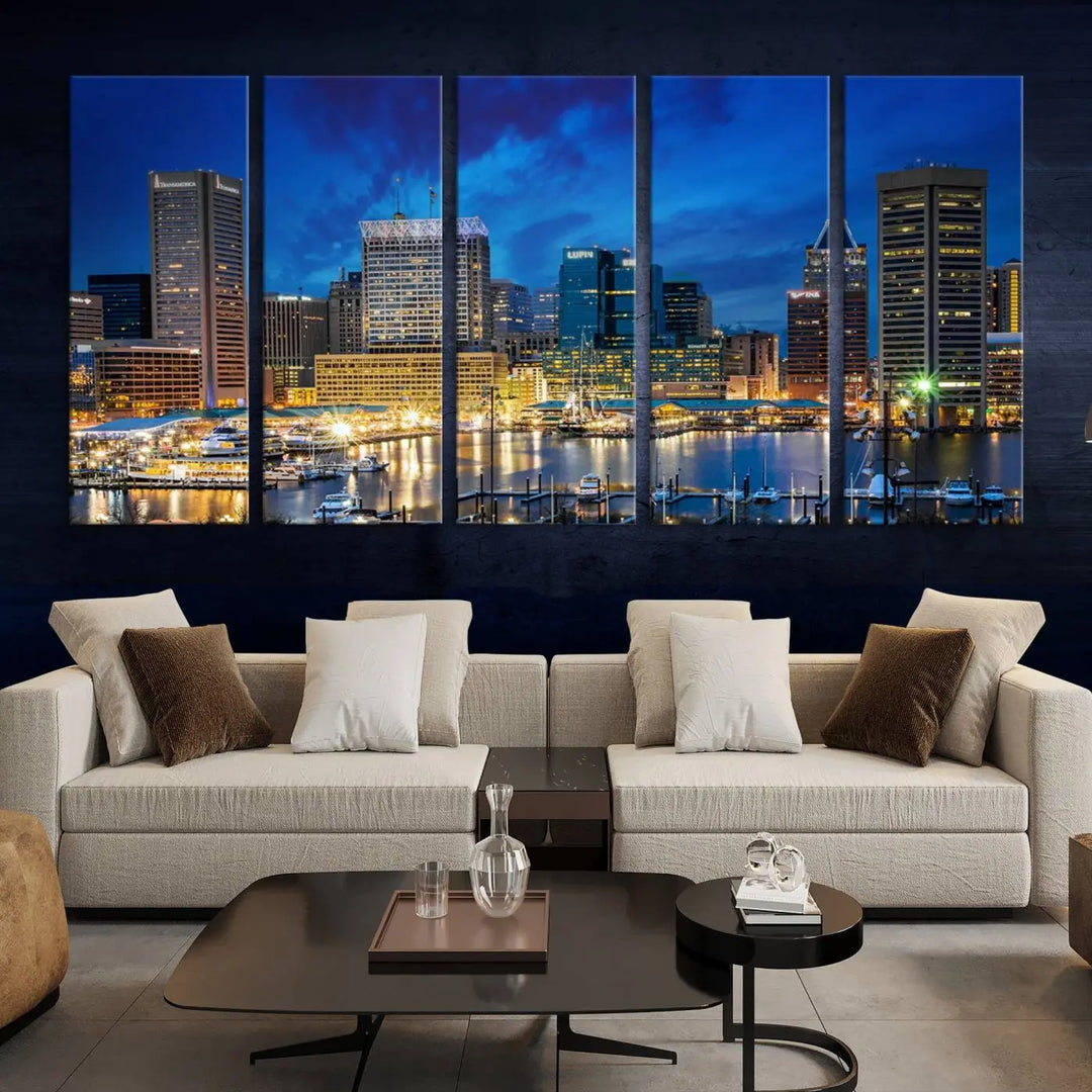 The living room features a nautical-themed triptych wall art on museum-quality canvas, showcasing the "Baltimore City Lights Night Cloudy Blue Skyline Cityscape View Wall Art Canvas Print.