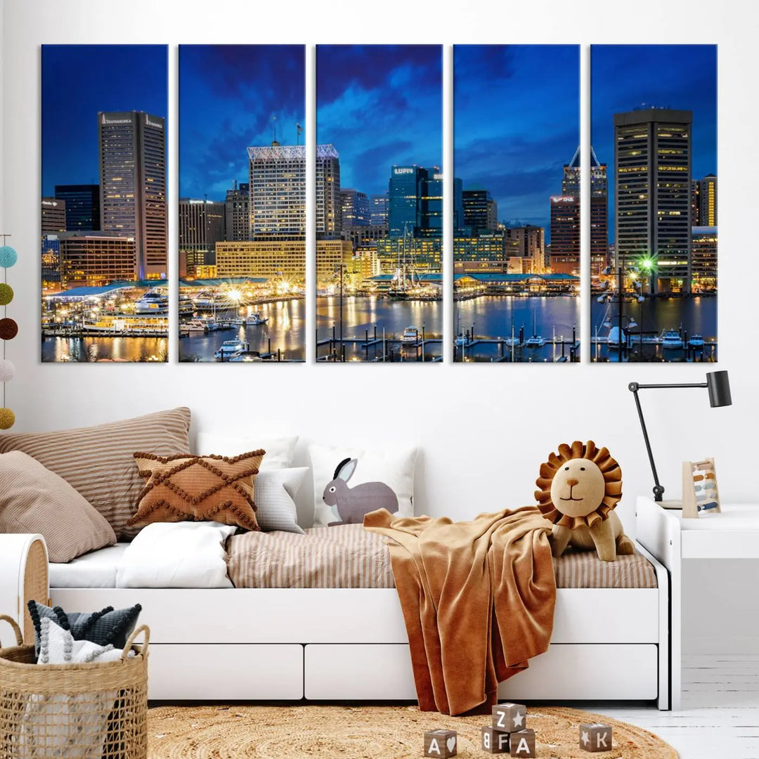 The living room features a nautical-themed triptych wall art on museum-quality canvas, showcasing the "Baltimore City Lights Night Cloudy Blue Skyline Cityscape View Wall Art Canvas Print.