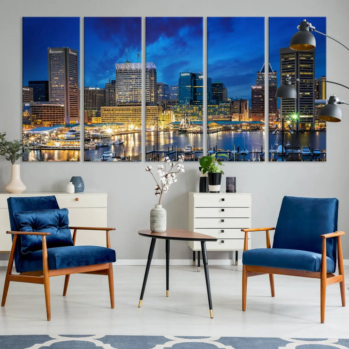 The living room features a nautical-themed triptych wall art on museum-quality canvas, showcasing the "Baltimore City Lights Night Cloudy Blue Skyline Cityscape View Wall Art Canvas Print.