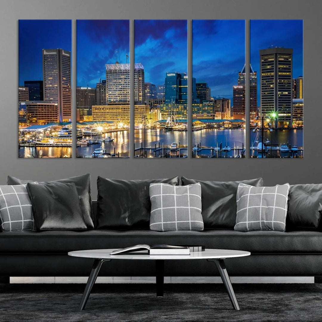 The living room features a nautical-themed triptych wall art on museum-quality canvas, showcasing the "Baltimore City Lights Night Cloudy Blue Skyline Cityscape View Wall Art Canvas Print.