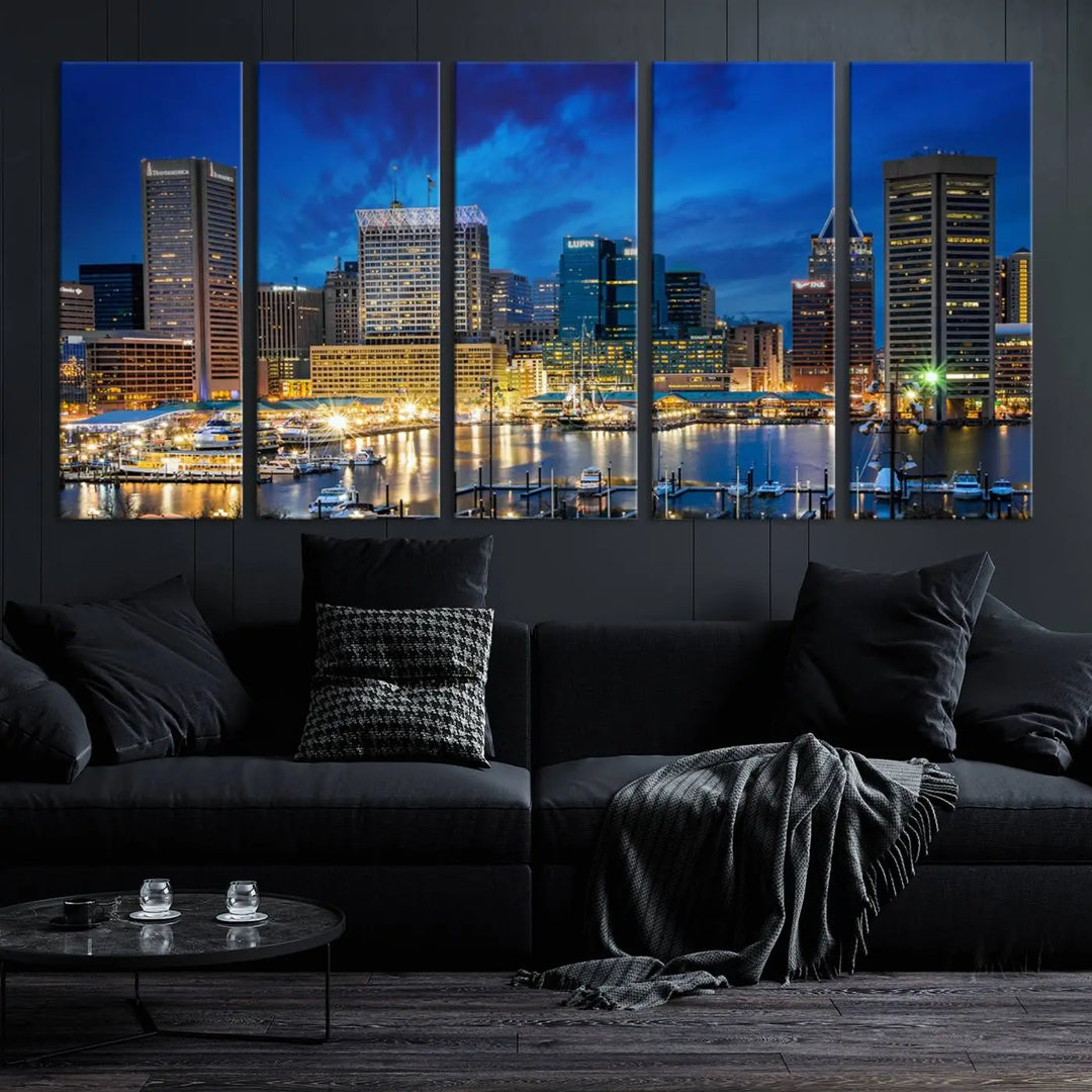 The living room features a nautical-themed triptych wall art on museum-quality canvas, showcasing the "Baltimore City Lights Night Cloudy Blue Skyline Cityscape View Wall Art Canvas Print.