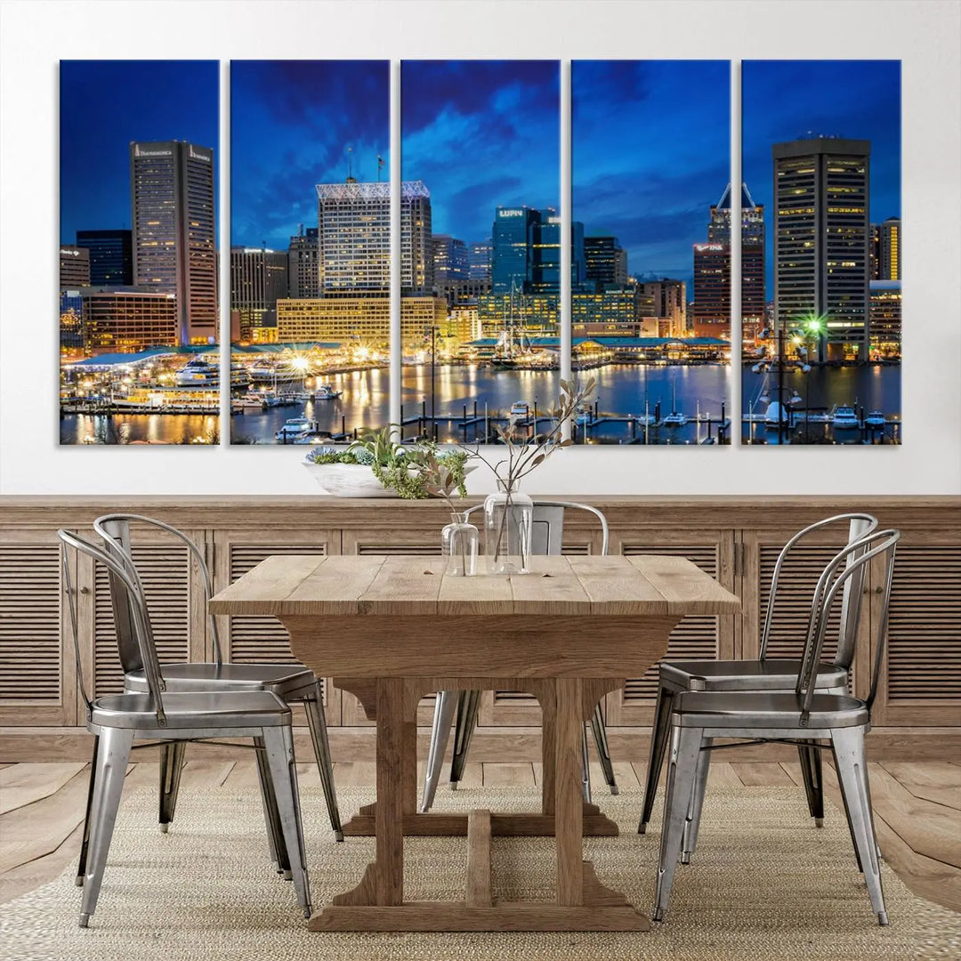 The living room features a nautical-themed triptych wall art on museum-quality canvas, showcasing the "Baltimore City Lights Night Cloudy Blue Skyline Cityscape View Wall Art Canvas Print.