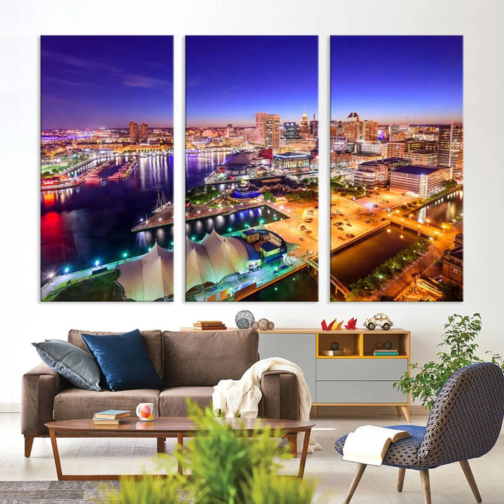 A triptych of the Baltimore City Lights Night Purple Skyline Cityscape, printed on museum-quality canvas with a UV-protective coating, hangs beautifully. This artwork arrives ready to hang, adding instant elegance to the space.