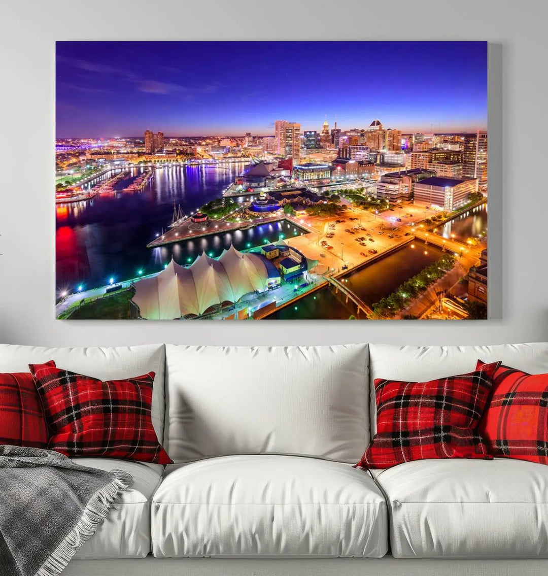 A triptych of the Baltimore City Lights Night Purple Skyline Cityscape, printed on museum-quality canvas with a UV-protective coating, hangs beautifully. This artwork arrives ready to hang, adding instant elegance to the space.