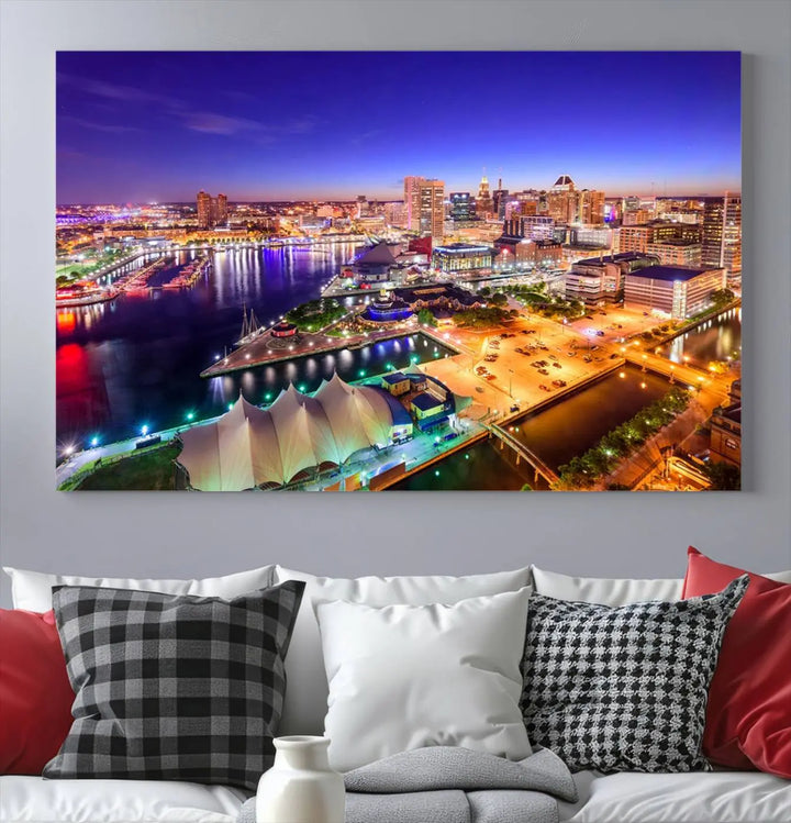 A triptych of the Baltimore City Lights Night Purple Skyline Cityscape, printed on museum-quality canvas with a UV-protective coating, hangs beautifully. This artwork arrives ready to hang, adding instant elegance to the space.