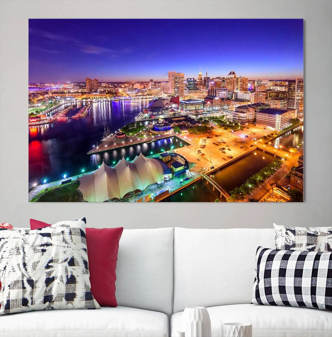 A triptych of the Baltimore City Lights Night Purple Skyline Cityscape, printed on museum-quality canvas with a UV-protective coating, hangs beautifully. This artwork arrives ready to hang, adding instant elegance to the space.