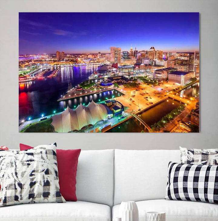 A triptych of the Baltimore City Lights Night Purple Skyline Cityscape, printed on museum-quality canvas with a UV-protective coating, hangs beautifully. This artwork arrives ready to hang, adding instant elegance to the space.