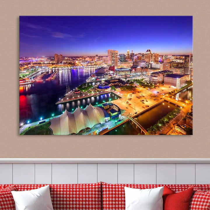 A triptych of the Baltimore City Lights Night Purple Skyline Cityscape, printed on museum-quality canvas with a UV-protective coating, hangs beautifully. This artwork arrives ready to hang, adding instant elegance to the space.