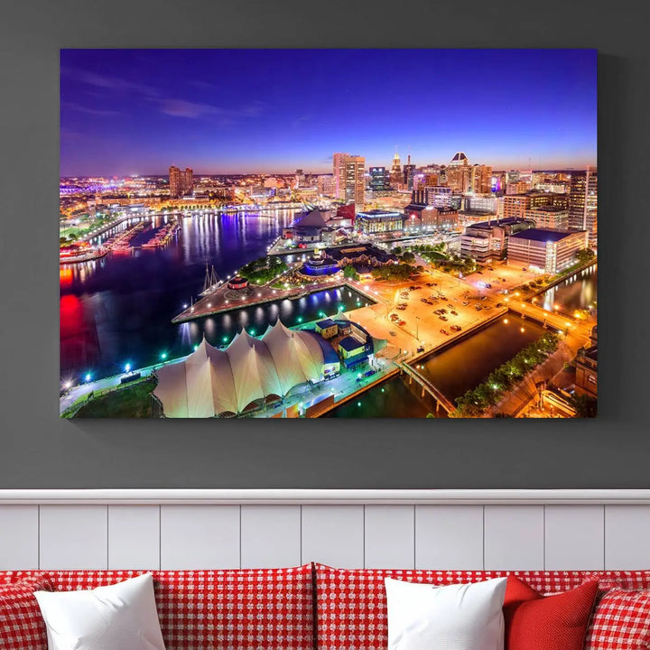 A triptych of the Baltimore City Lights Night Purple Skyline Cityscape, printed on museum-quality canvas with a UV-protective coating, hangs beautifully. This artwork arrives ready to hang, adding instant elegance to the space.