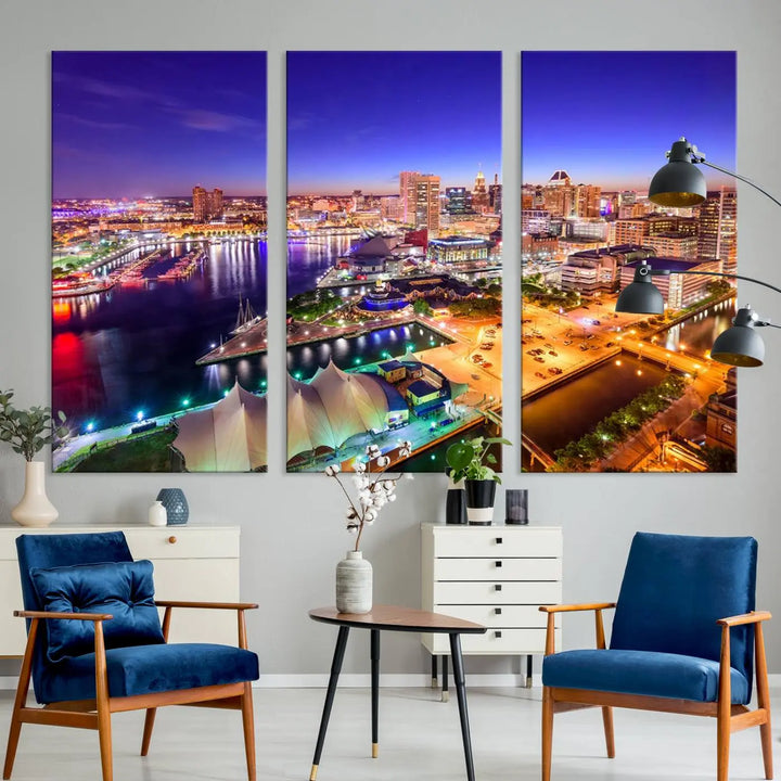 A triptych of the Baltimore City Lights Night Purple Skyline Cityscape, printed on museum-quality canvas with a UV-protective coating, hangs beautifully. This artwork arrives ready to hang, adding instant elegance to the space.