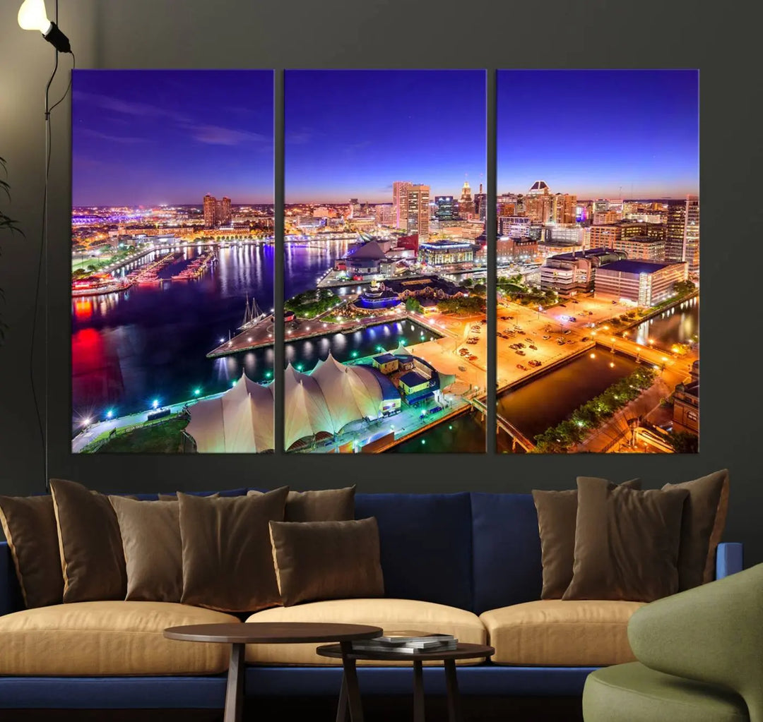 A triptych of the Baltimore City Lights Night Purple Skyline Cityscape, printed on museum-quality canvas with a UV-protective coating, hangs beautifully. This artwork arrives ready to hang, adding instant elegance to the space.