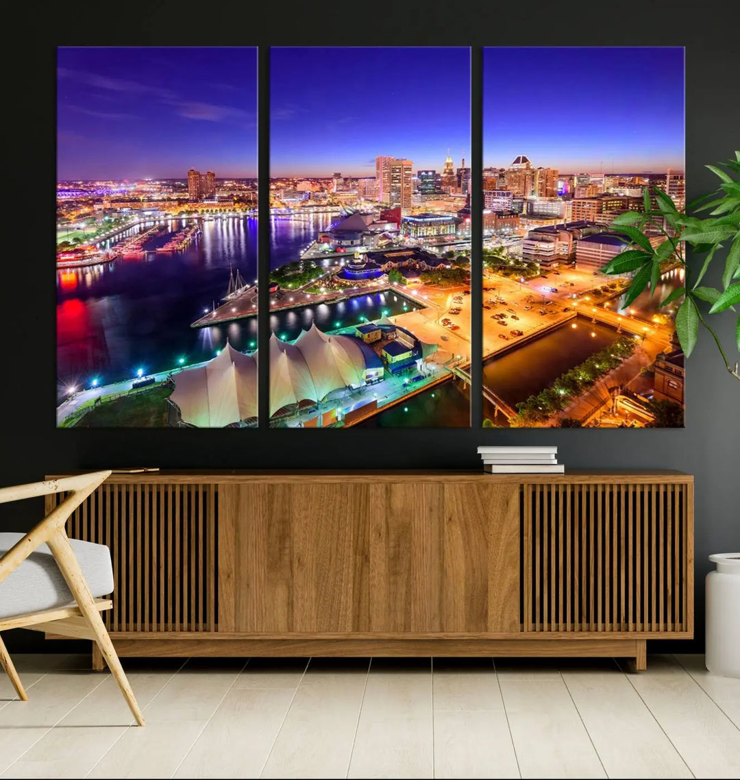 A triptych of the Baltimore City Lights Night Purple Skyline Cityscape, printed on museum-quality canvas with a UV-protective coating, hangs beautifully. This artwork arrives ready to hang, adding instant elegance to the space.