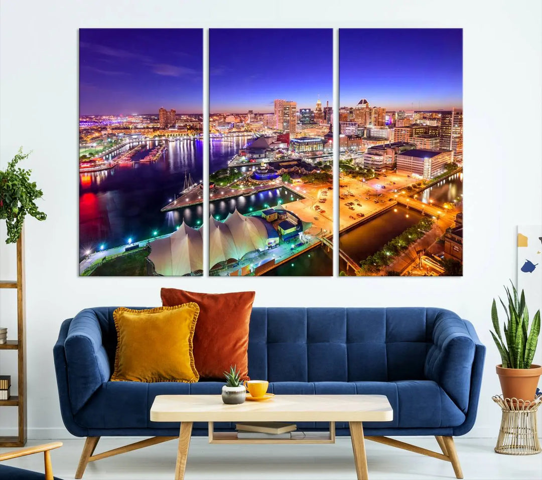 A triptych of the Baltimore City Lights Night Purple Skyline Cityscape, printed on museum-quality canvas with a UV-protective coating, hangs beautifully. This artwork arrives ready to hang, adding instant elegance to the space.