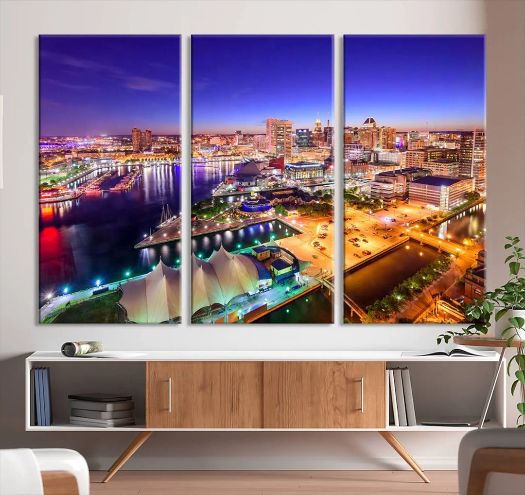 A triptych of the Baltimore City Lights Night Purple Skyline Cityscape, printed on museum-quality canvas with a UV-protective coating, hangs beautifully. This artwork arrives ready to hang, adding instant elegance to the space.