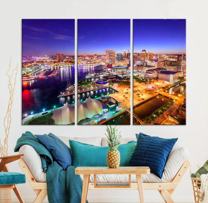 A triptych of the Baltimore City Lights Night Purple Skyline Cityscape, printed on museum-quality canvas with a UV-protective coating, hangs beautifully. This artwork arrives ready to hang, adding instant elegance to the space.