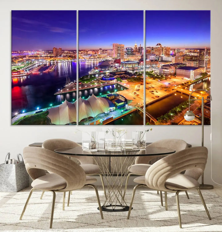 A triptych of the Baltimore City Lights Night Purple Skyline Cityscape, printed on museum-quality canvas with a UV-protective coating, hangs beautifully. This artwork arrives ready to hang, adding instant elegance to the space.