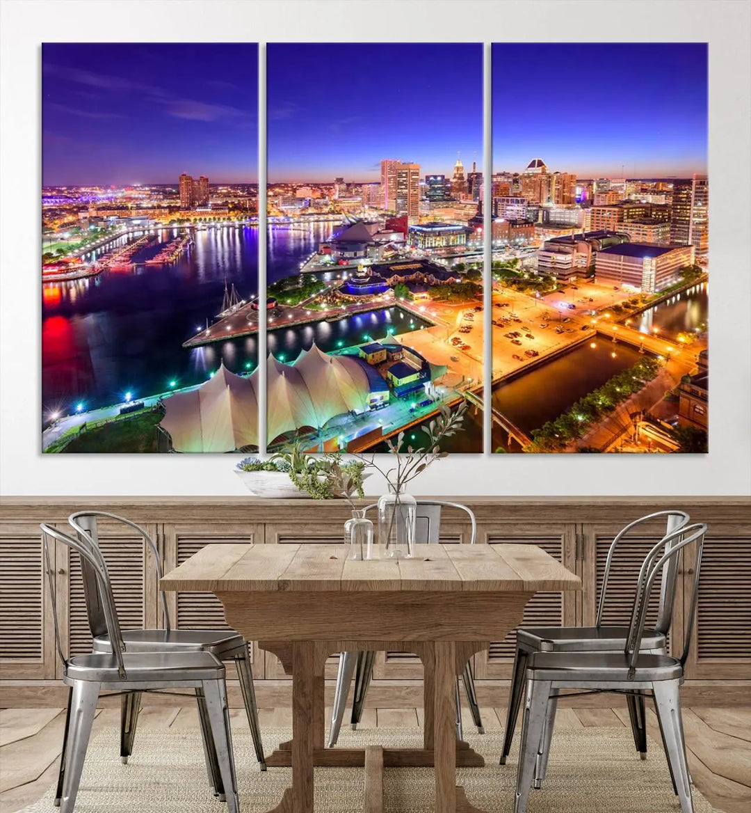 A triptych of the Baltimore City Lights Night Purple Skyline Cityscape, printed on museum-quality canvas with a UV-protective coating, hangs beautifully. This artwork arrives ready to hang, adding instant elegance to the space.