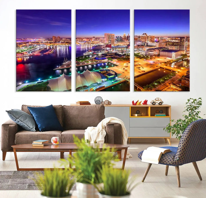 A triptych of the Baltimore City Lights Night Purple Skyline Cityscape, printed on museum-quality canvas with a UV-protective coating, hangs beautifully. This artwork arrives ready to hang, adding instant elegance to the space.