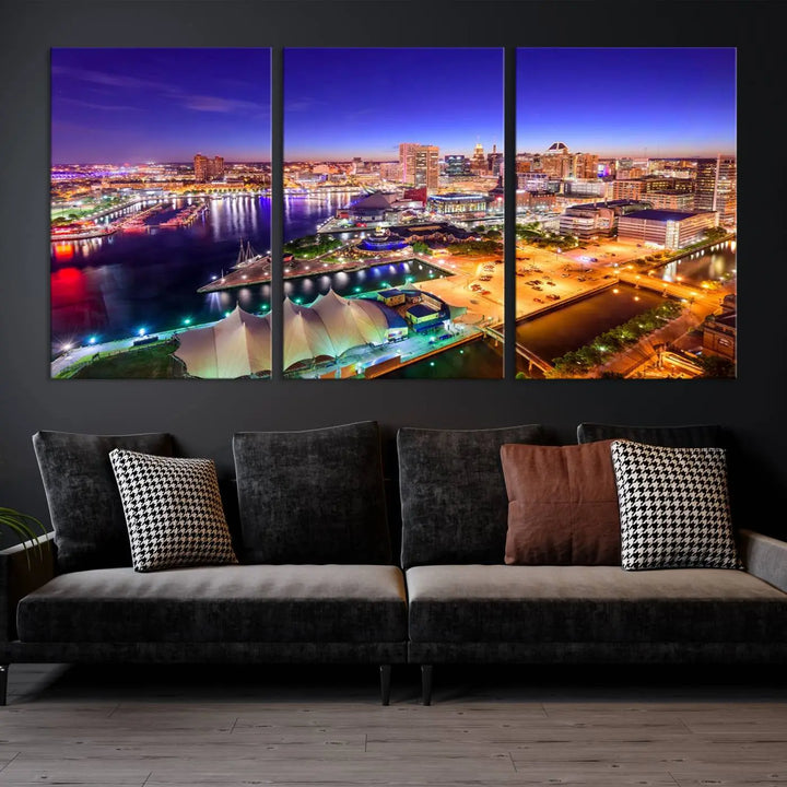 A triptych of the Baltimore City Lights Night Purple Skyline Cityscape, printed on museum-quality canvas with a UV-protective coating, hangs beautifully. This artwork arrives ready to hang, adding instant elegance to the space.