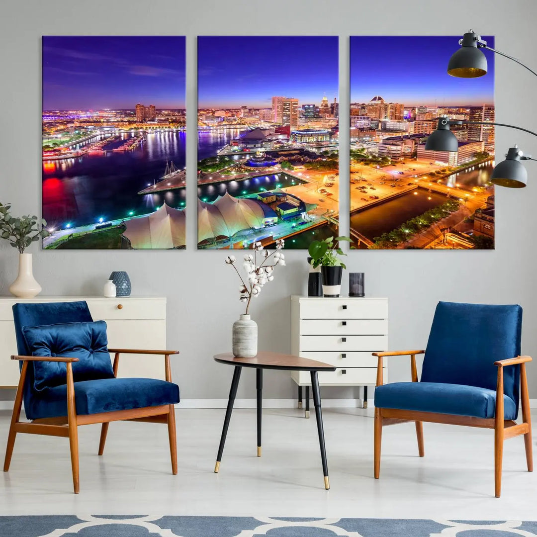 A triptych of the Baltimore City Lights Night Purple Skyline Cityscape, printed on museum-quality canvas with a UV-protective coating, hangs beautifully. This artwork arrives ready to hang, adding instant elegance to the space.