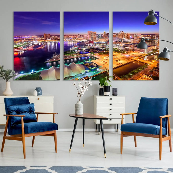 A triptych of the Baltimore City Lights Night Purple Skyline Cityscape, printed on museum-quality canvas with a UV-protective coating, hangs beautifully. This artwork arrives ready to hang, adding instant elegance to the space.