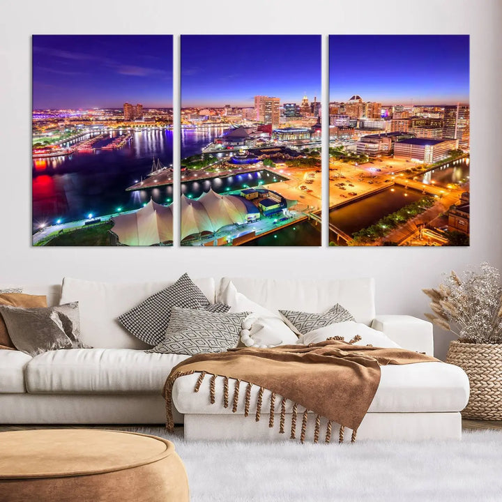 A triptych of the Baltimore City Lights Night Purple Skyline Cityscape, printed on museum-quality canvas with a UV-protective coating, hangs beautifully. This artwork arrives ready to hang, adding instant elegance to the space.