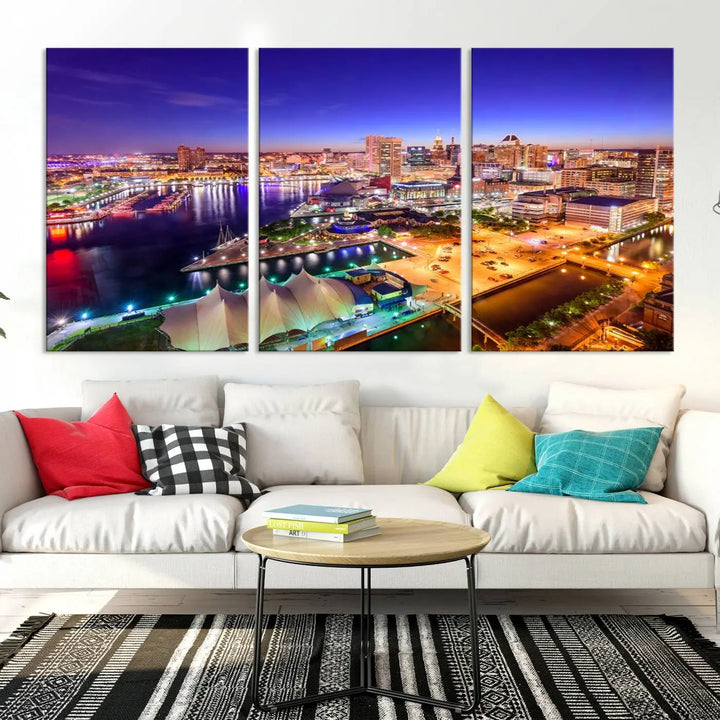 A triptych of the Baltimore City Lights Night Purple Skyline Cityscape, printed on museum-quality canvas with a UV-protective coating, hangs beautifully. This artwork arrives ready to hang, adding instant elegance to the space.