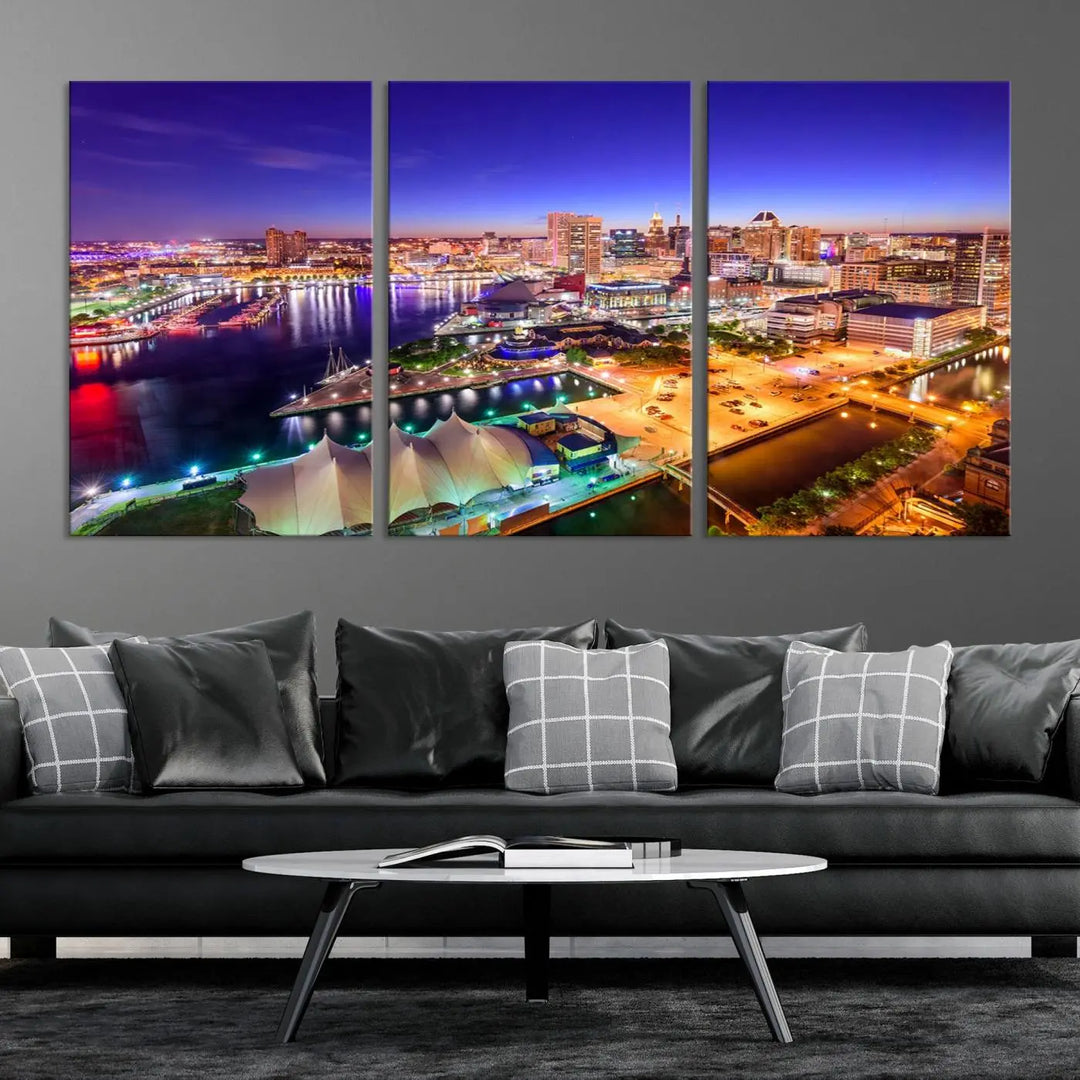 A triptych of the Baltimore City Lights Night Purple Skyline Cityscape, printed on museum-quality canvas with a UV-protective coating, hangs beautifully. This artwork arrives ready to hang, adding instant elegance to the space.